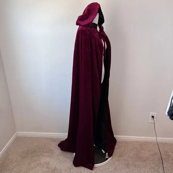 Vampire Halloween Costume Velvet Cloak Cape Hood Burgundy Red One Size Gothic - Picture 9 of 12